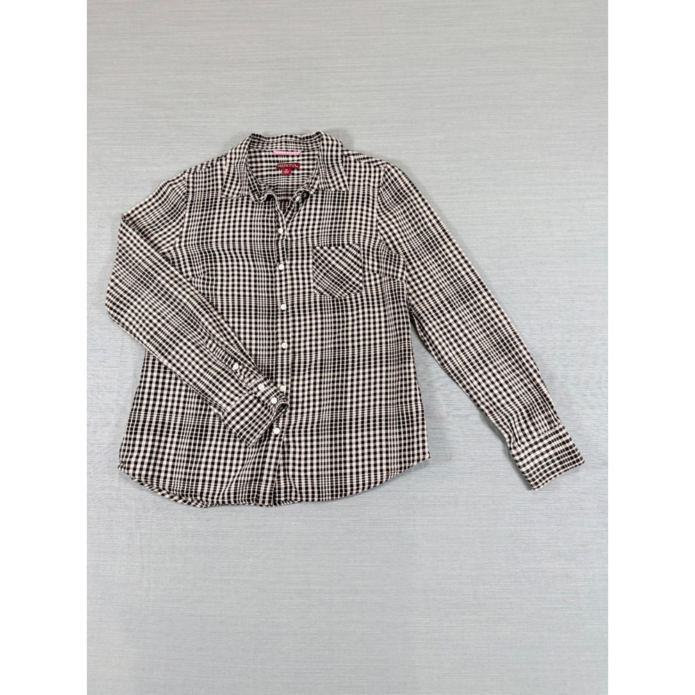 Merona Womens Black White Gingham Check Button Down Shirt Cotton M Long Sleeve